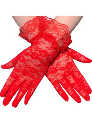 Elizmoda Kırmızı Dantelli Eldiven Yetişkin