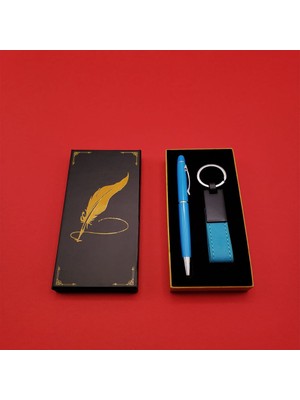 Elizmoda Mavi Metal Deri Anahtarlık ve Kalem Seti