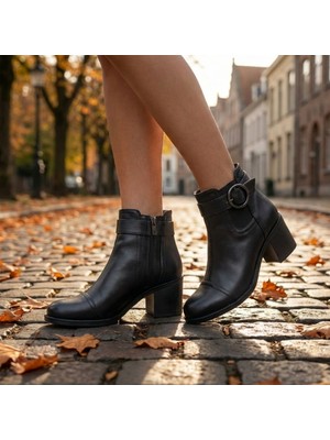 Çiğdem Kundura Zeptor - Hakiki Deri Kemer Aksesuarlı Ortopedik Kadın Klasik Bot - Siyah - 39