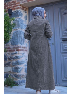 Modamorfo Torba Cepli Metal Düğmeli Uzun Kot Kap   -Füme