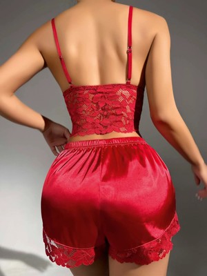 Elizmoda Kadın Kırmızı Dantel Detaylı Şortlu Takım Saten Gecelik 2293