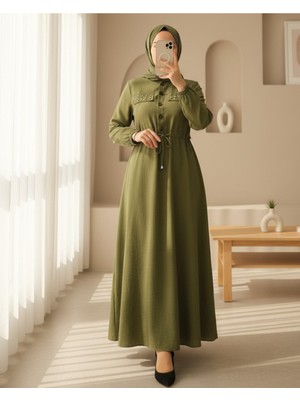 Modamorfo Cepleri Taşlı Beli Bağlamalı Kolu Lastikli Elbise   -Yağ Yeşili