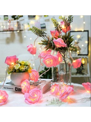 Elizmoda Yapay Gül Tasarımlı Dekoratif LED Işık Gül Detaylı LED Işık Pilli (20 Gül) (5067)