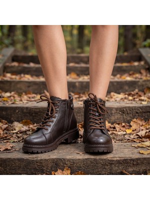 Çiğdem Kundura Flimax - Hakiki Deri Bağcıklı ve Fermuarlı Kadın Kısa Bot - Kahverengi - 37