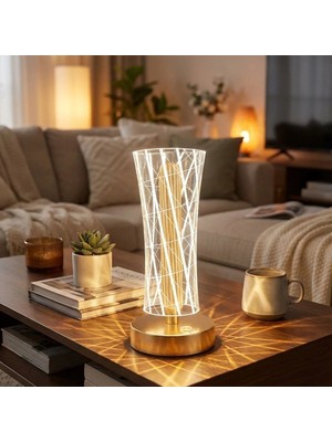 Elizmoda Silindirik Kristal Çizgi Model LED Masa Lambası – Gold Tabanlı, Dokunmatik, 3 Renk Işık Modlu, Şarjlı Modern Dekoratif Gece Lambası (5067)