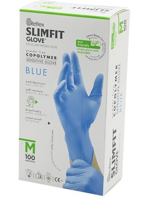 Elizmoda Reflex Slimfit Glove KOD-026 M Mavi Pudrasız Muayene Eldiven 100LÜ (5067)