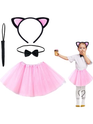 Elizmoda Pembe Renk Kedi Kostüm Seti - Tütü, Taç, Papyon, Kuyruk