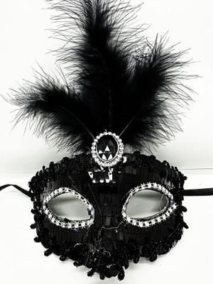 Elizmoda Siyah Renk Payetli Pullu Tüylü Parti Maskesi 17X20 cm (5067)