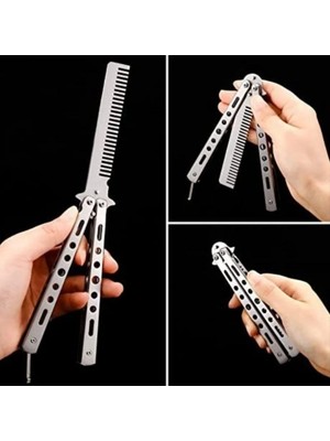 Elizmoda Gri Katlanabilir Paslanmaz Çelik Kelebek Bıçak Tasarımlı Tarak