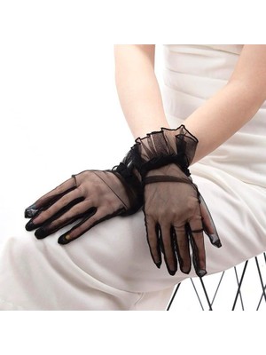 Elizmoda Likralı Güpürlü Yetişkin Tül Eldiven Siyah