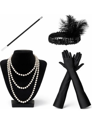 Epilons 1920’LER Çarliston Aksesuar Seti – Inci Kolye, Eldiven, Tutucu, Siyah Saç Bandı