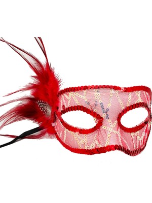 Elizmoda Kırmızı Renk Yandan Tüylü Pul Payet Işlemeli Parti Maskesi 23X12 cm (5067)