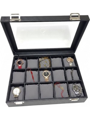 15 Li Suni Deri Kaplamalı Ahşap Saat Kutusu Organizer