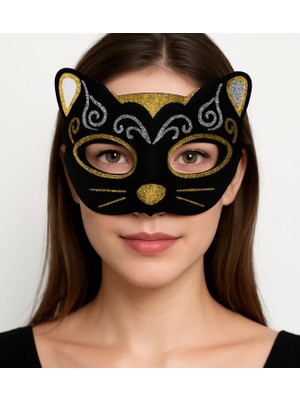 Elizmoda Kadife Dokulu Simli Kedi Maskesi Altın Gümüş Detaylı