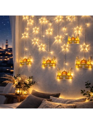 Elizmoda 3mt Fişli - Eklemeli Ramazan Dekor Lamba - Perde LED Sarı Cami - Yıldız Ekl-09-03 (5067)