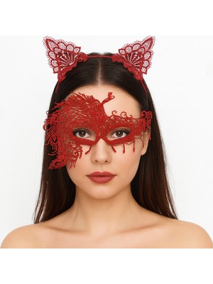 Elizmoda Alevin Zarafeti Kırmızı Dantel Maske ve Taç Seti 4 No – Kadın Kostüm Tamamlayıcı (5067)