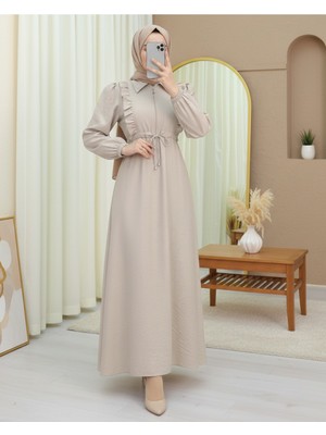 Modamorfo Önü Fırfırlı Yarım Düğmeli Tünel Bağcıklı Elbise   -Bej