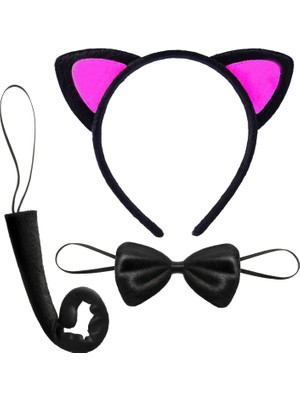 Elizmoda Kedi Kulak Taç Kuyruk ve Papyon 3 Lü Set Çocuk Boy Fuşya Renk