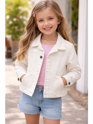 Queen Kids M9797 Kız Çocuk Denim Kalp Cepli Ceket Ekru