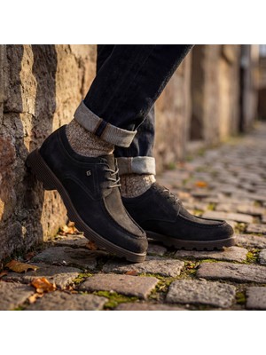 Çiğdem Kundura Galler 5919 - Hakiki Süet Deri Bağcıklı Erkek Casual Loafer Ayakkabı - Siyah - 43