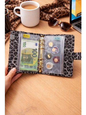 Mint Design Birikim Ajandası - Bütçe Planlayıcı Cüzdan - Gri Leopar - Altın Mekanizmalı