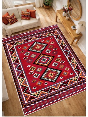 STY Home Bordo Dijital Baskı Salon Halısı Kaymaz Tabanlı Yıkanabilir Halı Yolluk 1129