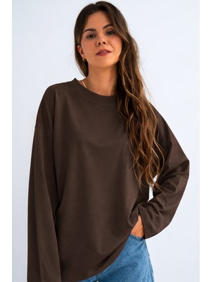 Guaraz Kadın Relax Fit Rahat Kesim %100 Pamuk Uzun Kollu Bisiklet Yaka Basic Tişört