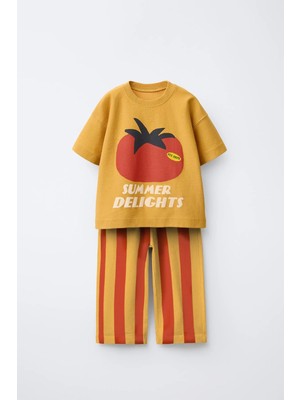 Magu Unisex Çocuk Pamuklu Hardal Domates Baskılı T-Shirt Takım