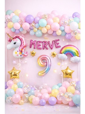 Bkmc Party 5 Harfli Kişiye Özel Unicorn Doğum Günü Süsü Pastel Balon Zinciri Gökkuşağı Unicorn Balon Parti Seti