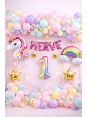 Bkmc Party 5 Harfli Kişiye Özel Unicorn Doğum Günü Süsü Pastel Balon Zinciri Gökkuşağı Unicorn Balon Parti Seti