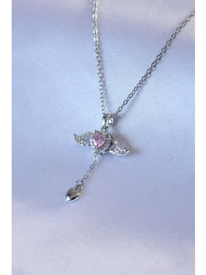 Pazarcan Çelik Gümüş Renk Kanatlı Figür Zirkon Taş Detay Kadın Kolye