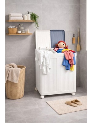 Leylart Çift Bölmeli Tekerlekli Katlanabilir Çamaşır Sepeti