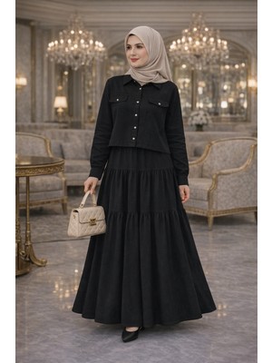 Moda Tesettür Çilek Kumaş Etekli Takım – Düğmeli Üst & Katlı Uzun Etek – Günlük Şık Rahat Kombin