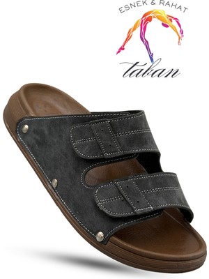 Sermoda Erkek Terlik - Çift Toka Ayarlanabilir Esnek Taban Deri Erkek Terlik C Füme