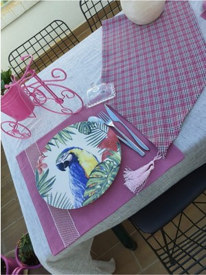 Gönülden Tasarım Pembe Şeritli 6 Lı Amerikan Servis Ekose Runner Seti