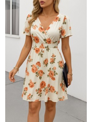 Gacha Kadın Kısa Kollu Kruvaze Yakalı Desenli Süprem Kısa Elbise