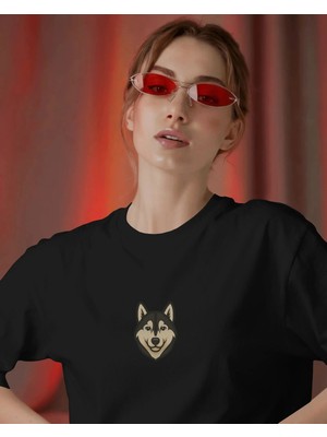 Muhtar Store Husky Köpek Baskılı Unisex Oversize Tişört – Minimal Husky Tasarım