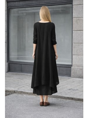 Keten Günlük Yazlık Salaş Kadın Iki Katlı  Elbise