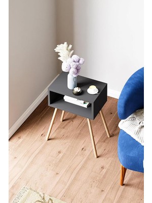 Ahşap Ayaklı Raflı Komodin - Antrasit Gri