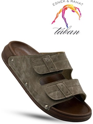 Sermoda Erkek Terlik - Çift Toka Ayarlanabilir Esnek Taban Deri Erkek Terlik C Haki