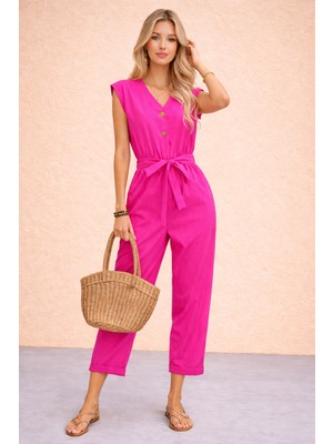 Keten Kadın V Yaka Tek Sıra Düğmeli Kolsuz Fuşya Tulum