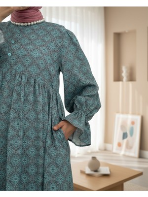 Modamorfo Yarım Düğmeli Beli Bağcıklı Desenli Elbise  -Mint