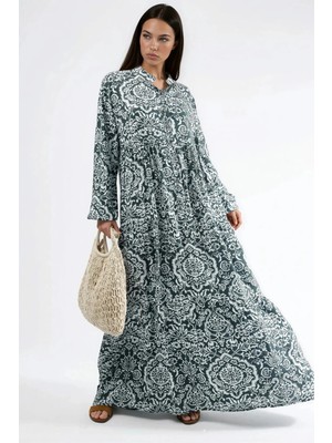 Hiccup Kadın Rahat Desenli Maxi Elbise Yeşil