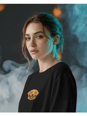 Muhtar Store Golden Retriever Köpek Baskılı Kadın Oversize Tişört – Minimal Golden Retriever Tasarım
