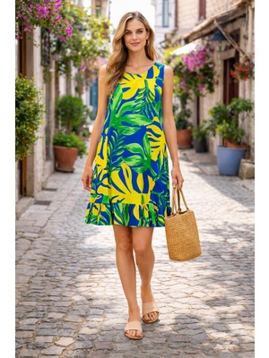 Dokuma Viskon Kolsuz Salaş Elbise – Altı Fırfırlı Çok Renkli Yazlık Kadın Elbise