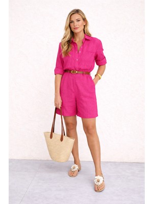 Keten Yazlık Uzun Kol Gömlek Şort Ikili Fuşya Takım