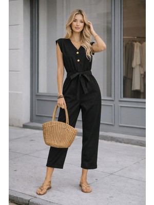 Yazlık Tek Sıra Düğmeli V Yaka Keten Tulum