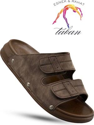 Sermoda Erkek Terlik - Çift Cırtlı Ayarlanabilir Esnek Taban Deri Erkek Terlik C Kahve