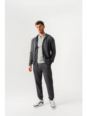 Piero Perla Kapüşonlu Regular Fit Önü Fermuarlı Antrasit Hırka