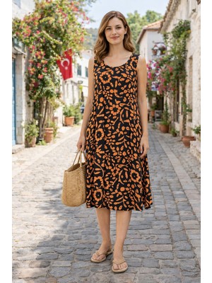 Evora Studio Dokuma Viskon Kolsuz Salaş Elbise – Altı Düz Yazlık Kadın Elbise